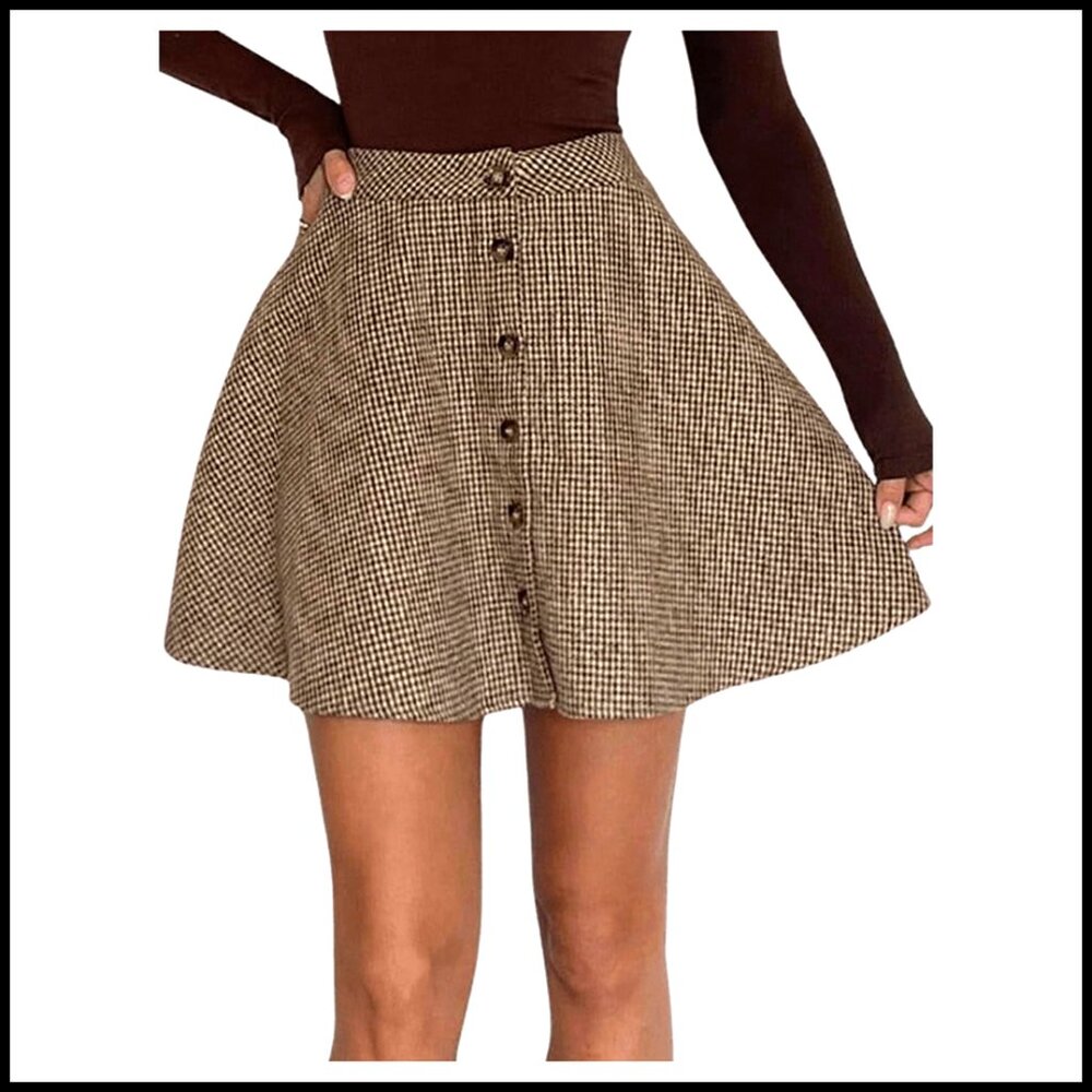 Vintage Plaid Button Mini Skirt High Waist A Line Flared Pleated
